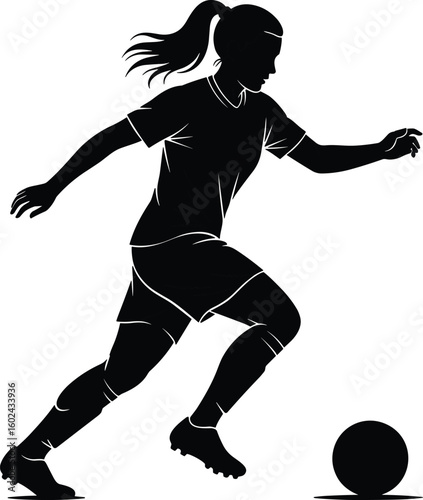 Cad drawing flat vector illustration, female soccer silhouette kicking ball, sports motion pose, athletic icon design, football energy graphic