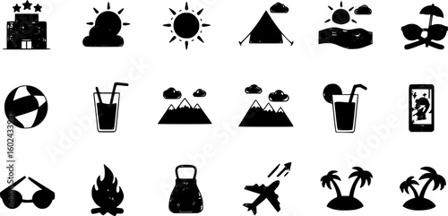 summer travel icon set. holiday tour icons for app and website containing hotel sun camp mountain drink plane island. transparent png and vector.

