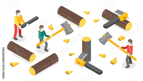 Isometric view of people chopping wood with axes and using a saw to cut logs into pieces