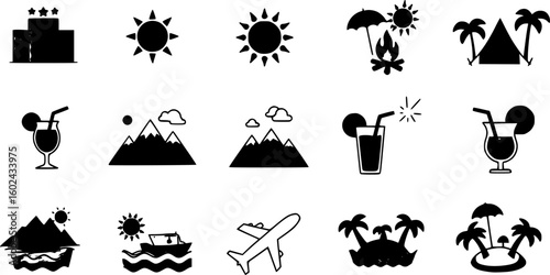summer travel icon set. holiday tour icons for app and website containing hotel sun camp mountain drink plane island. transparent png and vector.
