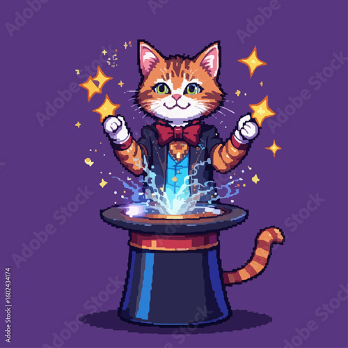 A charming tabby cat dressed as a magician conjures sparkling stars from a top hat.