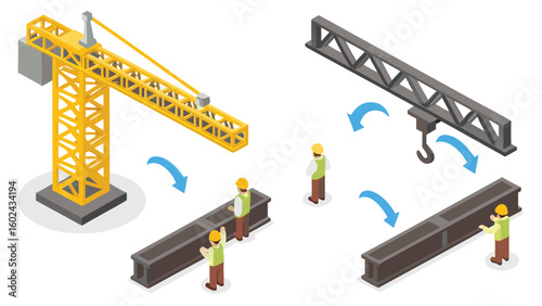 Isometric view of construction site with crane workers and steel beams being moved into position