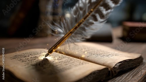 An antique book and quill with magical sparks, a symbolic representation of writing and literature. The quill hovers over the open pages, suggesting the creation of a narrative