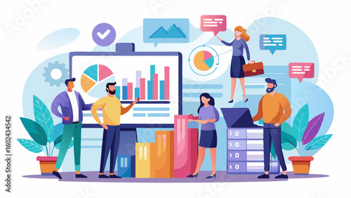 Team of young business analysts working with giant infographic bars. Diverse coworkers sitting on data charts, collaborating, planning marketing strategy using laptops in office environment.


