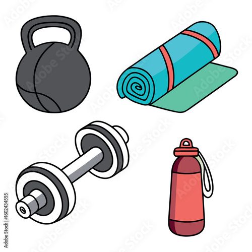 Colorful Gym Equipment Illustration Featuring Dumbbell, Kettlebell, Yoga Mat and Water Bottle