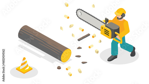 Isometric view of a lumberjack cutting wood with a chainsaw next to a traffic cone and wood chips around