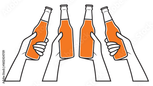 Four hands holding orange bottles for a toast celebration