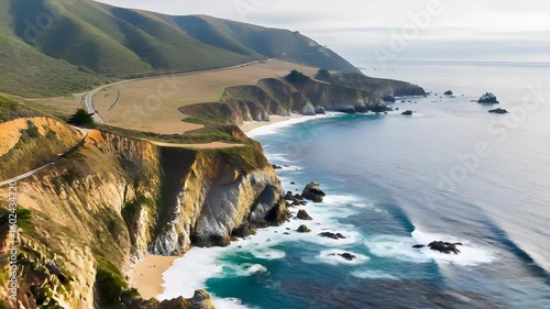 Picturesque Coastal Scenery with Rocky Cliffs Sandy Beach Turquoise Water and Lush Green Mountains Under Clear Blue Sky