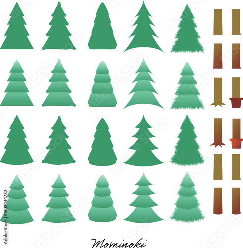 バリエーション豊かなクリスマスツリーとモミの木セットのベクターイラスト
