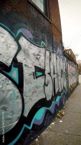 A Dynamic Tracking Shot Moving Along a Brick Wall Covered in Colorful Graffiti and Street Art in an Urban Alley,