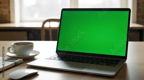 A Still Shot of a Perfect Work-from-Home Setup, with a Laptop's Green Screen Awaiting Your Website or App Display, Perfect for Corporate and Tech Mockups