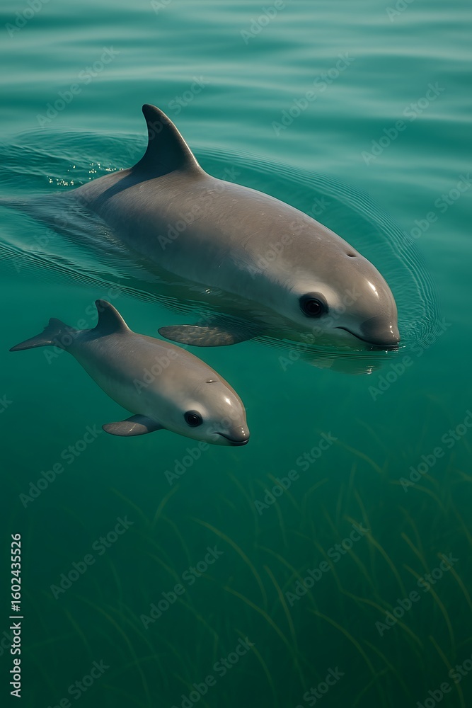 Obraz premium Vaquita Mother and Calf Swimming Near Surface in Sea of Cortez with Sunlight and Seagrass Below, Photorealistic Underwater Marine Wildlife Scene