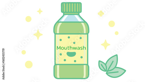 Green mouthwash bottle with mint leaves and sparkles
