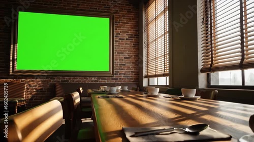 A Cozy and Rustic Cafe Interior with a Large Green Screen in a Picture Frame on a Brick Wall, Ideal for a Restaurant or Art Gallery Mockup.