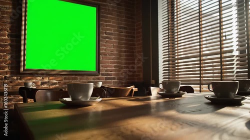 The Warm Afternoon Light Illuminates an Empty Coffee Shop, Focusing on a Blank Chroma Key Screen for Your Custom Restaurant or Cafe Advertising