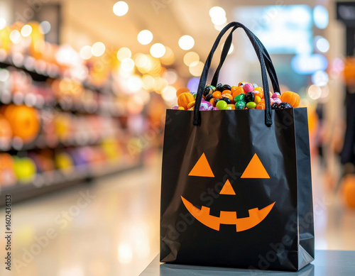 A Halloween-themed bag filled with colorful candies sits in a store aisle, surrounded by festive decorations and pumpkins.