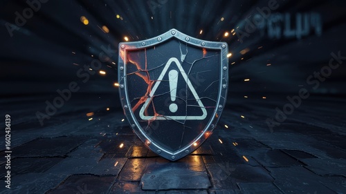 Cracked Shield with Warning Sign Cybersecurity Breach Concept