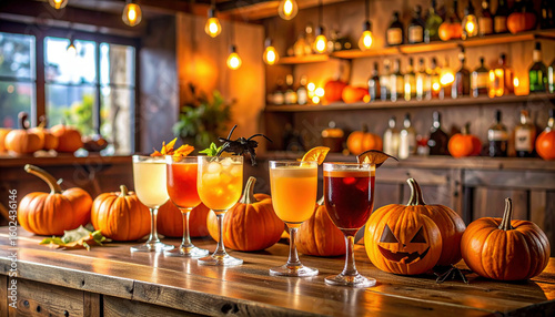Festive halloween cocktails with orange slices are surrounded by pumpkins on a bar counter, illuminated by warm, glowing lights.