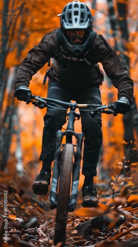 An action-packed shot of a mountain biker navigating through a vibrant autumn forest. The warm tones of the leaves create a breathtaking backdrop enhancing the thrill of outdoor cycling.