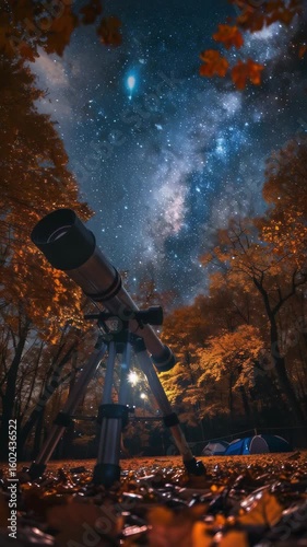 A telescope points toward a breathtaking starry night sky filled with the vibrant Milky Way, framed by colorful autumn leaves in a serene forest setting.