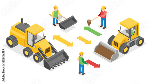 Isometric construction scene showing two yellow loaders and workers with directional arrows