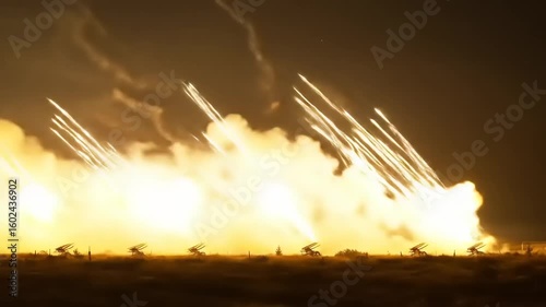 Nighttime artillery display with multiple firing positions illuminating the dark sky, showcasing military power