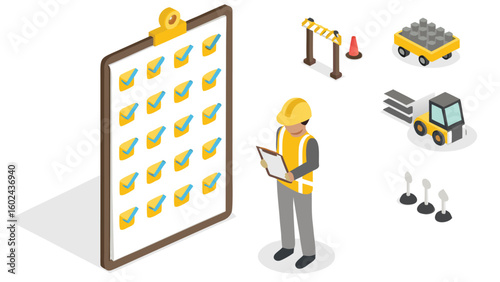 Isometric construction worker with checklist and construction site equipment elements shown here