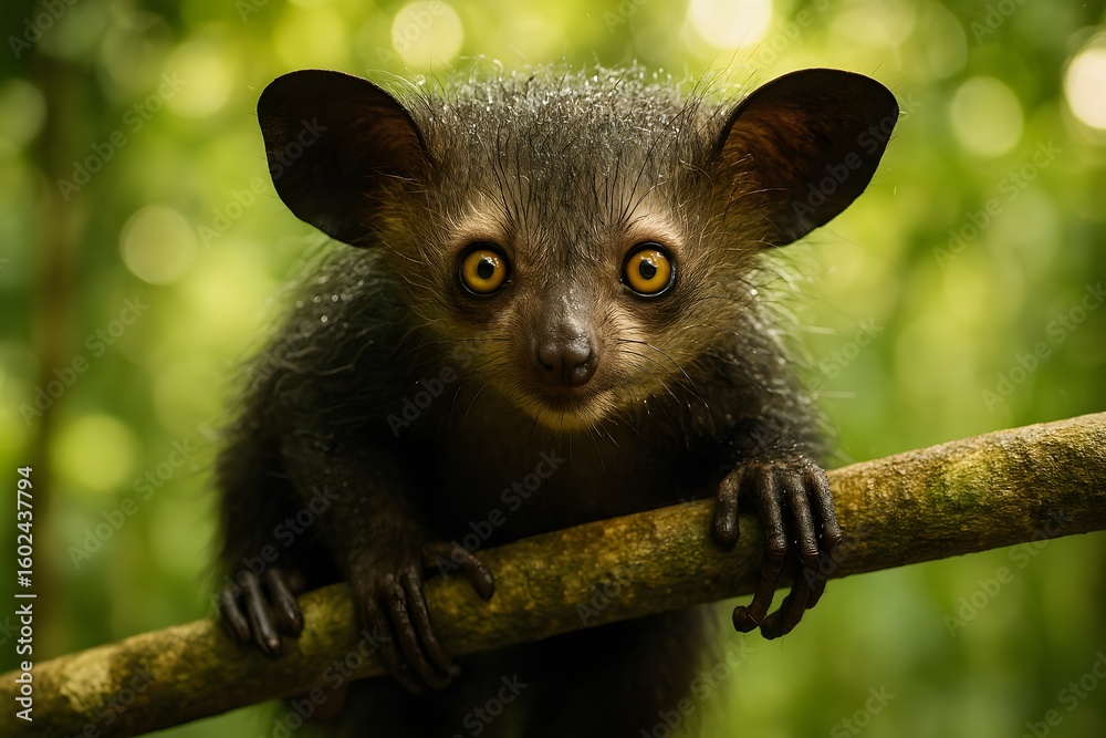 Obraz premium Wet Aye Aye Clinging to Jungle Branch with Wide Eyes in Morning Light, Madagascar Rainforest Portrait