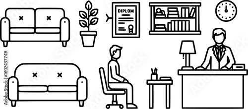 Psychologist office icons set. Psychotherapist consulting room icons showing furniture, plants, diploma, patient, and doctor