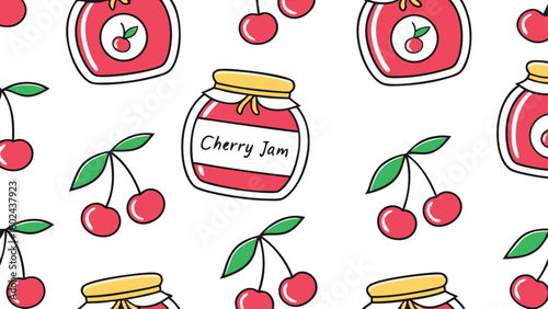 Seamless pattern of cherry jam jars and cherries fruit