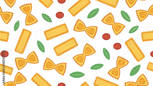 Seamless pattern of farfalle pasta and rigatoni with basil leaves and tomato dots