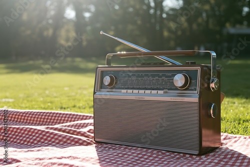 Fototapeta Naklejka Na Ścianę i Meble -  Vintage radio on a checkered blanket in sunny park evokes nostalgic summer days and outdoor relaxation.