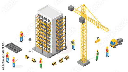 Isometric view of a construction site with building crane and construction workers in yellow helmets