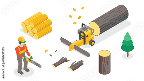 Isometric scene of a lumberjack with chainsaw cutting logs and tree with wood processing equipment