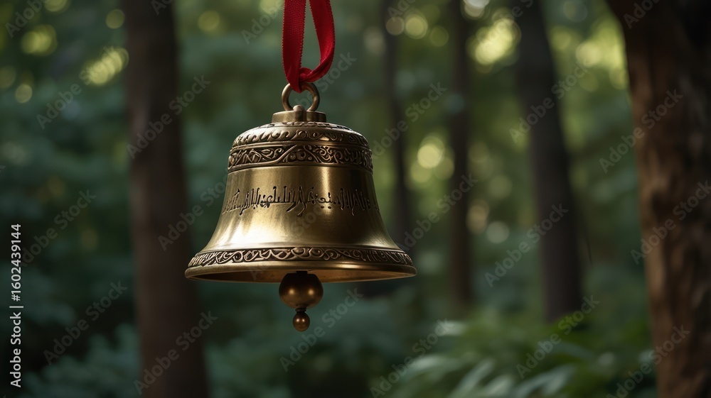 Obraz premium A brass bell, adorned with intricate engravings, hangs from a red ribbon in a verdant forest setting. The bell's details are sharply in focus against a softly blurred background