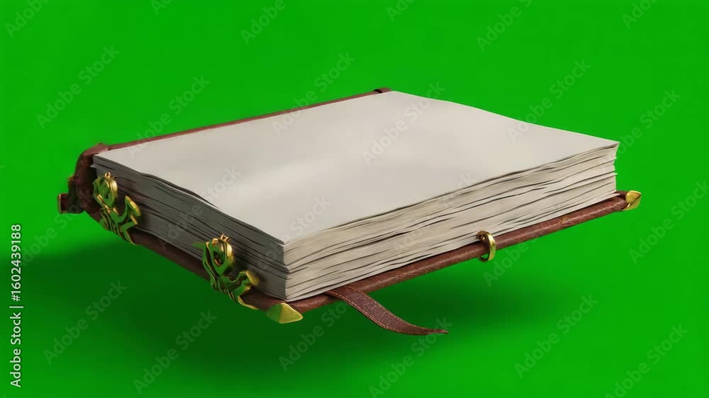 Ancient 3D spellbook with embossed cover and golden clasps, opening by itself as magic sparkles burst out, completely isolated on a green background