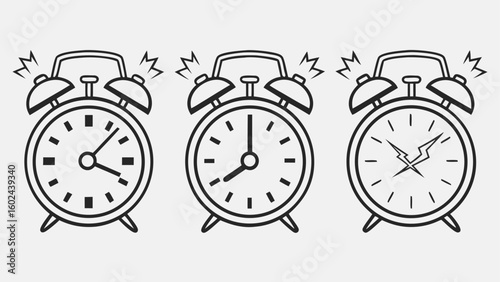 Three black and white alarm clocks ringing time sound