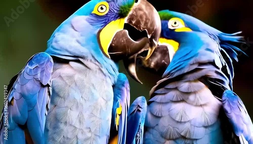 Two vibrant blue macaws show affection, preening each other with their beaks while perched on a branch, highlighting their beautiful feathers and close bond