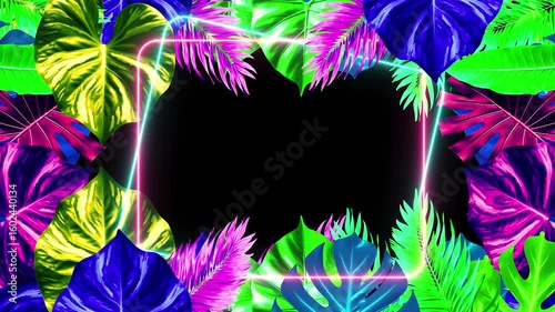 Vibrant Neon Tropical Leaves Frame Animation, Colorful Tropical Leaves And A Central Neon Rounded Frame,stylish Neon Glowing Rectangle Filled With Vivid Tropical Foliage In Bright Green And Purple
