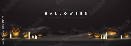 Dark Halloween banner with glowing jack o lanterns, fog and candlelight on black background for spooky seasonal design