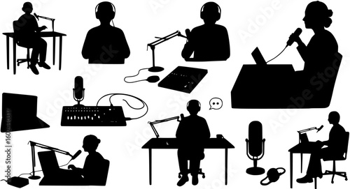 vector silhouette of a blogger hosting a podcast on a white background