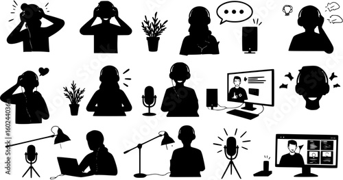 vector silhouette of a blogger hosting a podcast on a white background