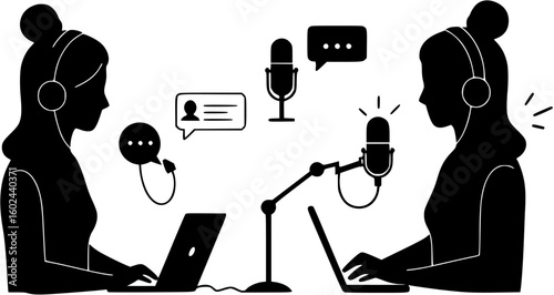 vector silhouette of a blogger hosting a podcast on a white background