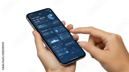 Person interacting with a smartphone displaying financial data and analytics in a bright setting