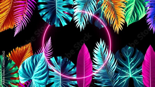 Vibrant Neon Tropical Leaves With Glowing Pink Circle Frame On Black Background,a Glowing Pink Neon Circle Surrounded By Colorful Tropical Leaves On A Black Background, Bright, Colorful Tropical Leave