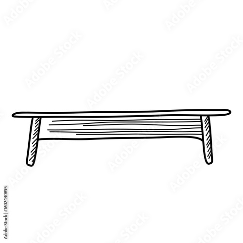 A sleek wooden bench features a minimalist design with clean lines, perfect for placement in parks, gardens, or modern interiors. Its sturdy structure ensures durability and style.