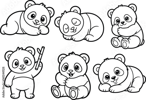 Cute Panda Bear Cubs Vector Set in Black and White Outline for Coloring Book and Kids Design .