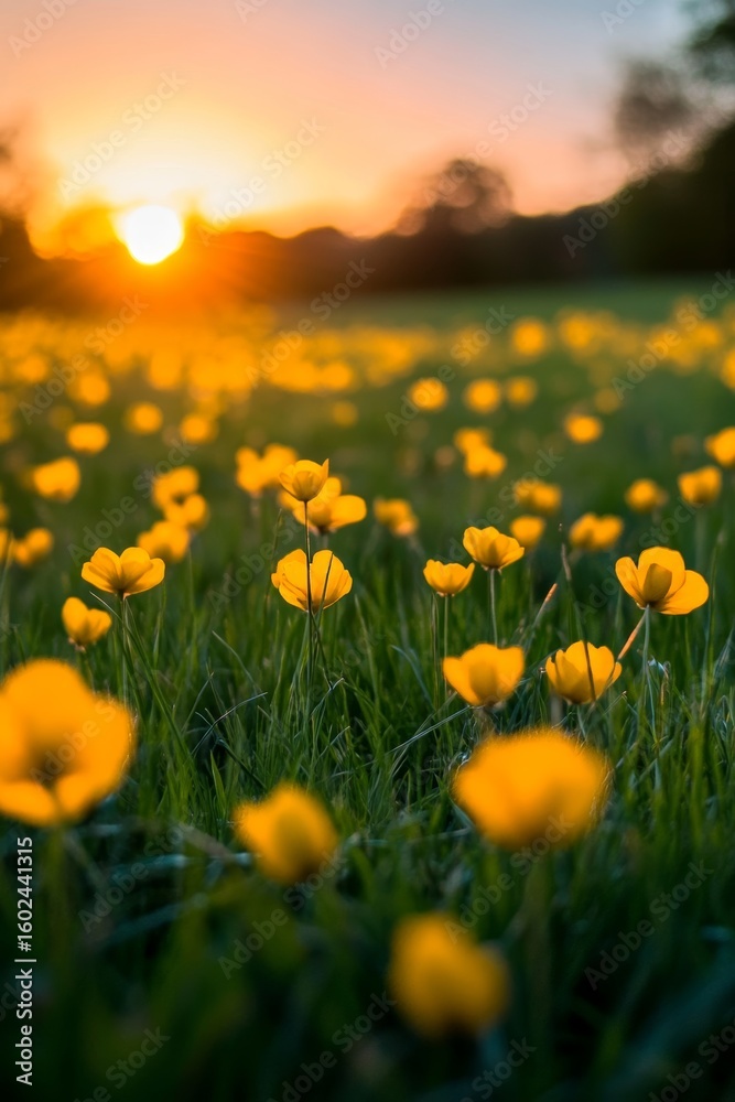 Obraz premium Golden Hour Blossom Meadow A Tranquil Field of Wildflowers Illuminated by the Setting Sun s Warmth
