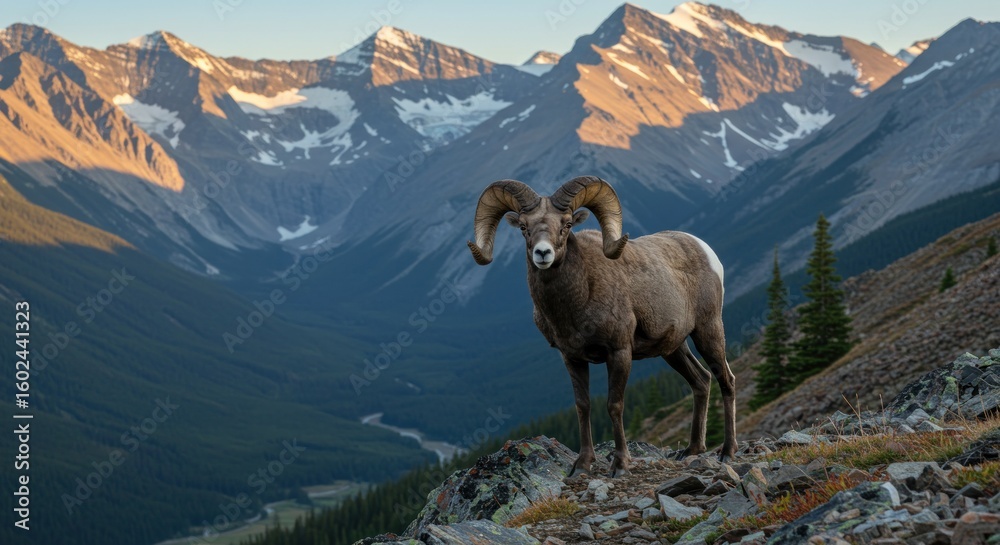 Fototapeta premium Majestic ram stands proudly before valley and towering, snow-capped mountain peaks