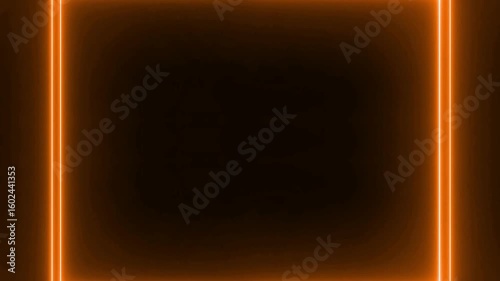 Square colorful neon glowing orange fiery rectangular horizontal frame on black background. Long flashing lines. Blank space for your own content in the middle.